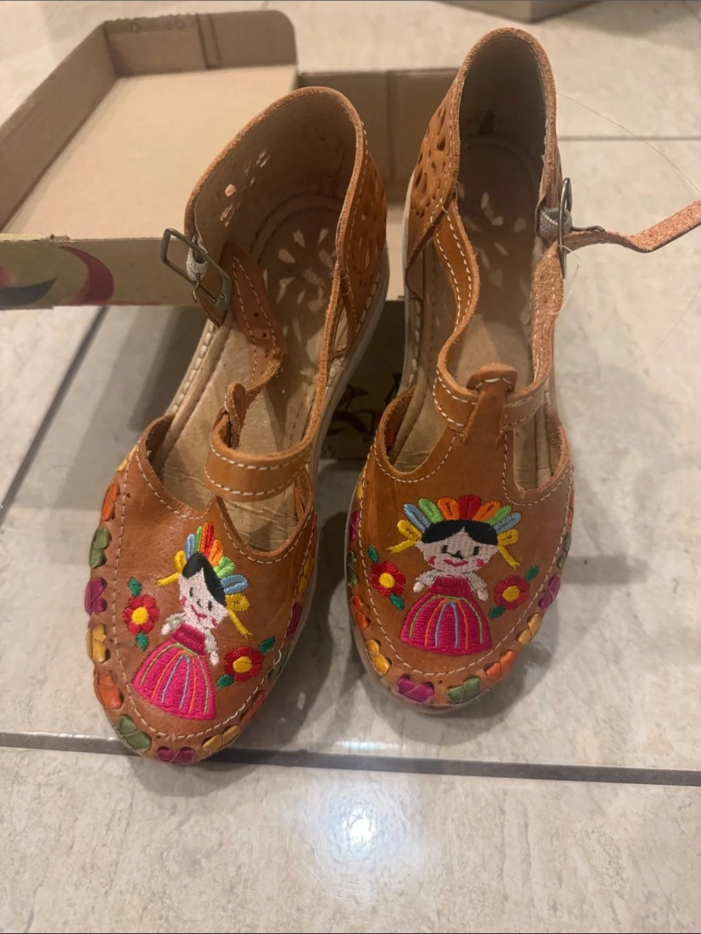 Girl Brown Embroidered Authentic Leather Mexican Shoes - Colorful Floral